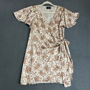 VICI Wrap Dress Womens Small Tan Floral Flutter Sleeve Short Faux Wrap Mini